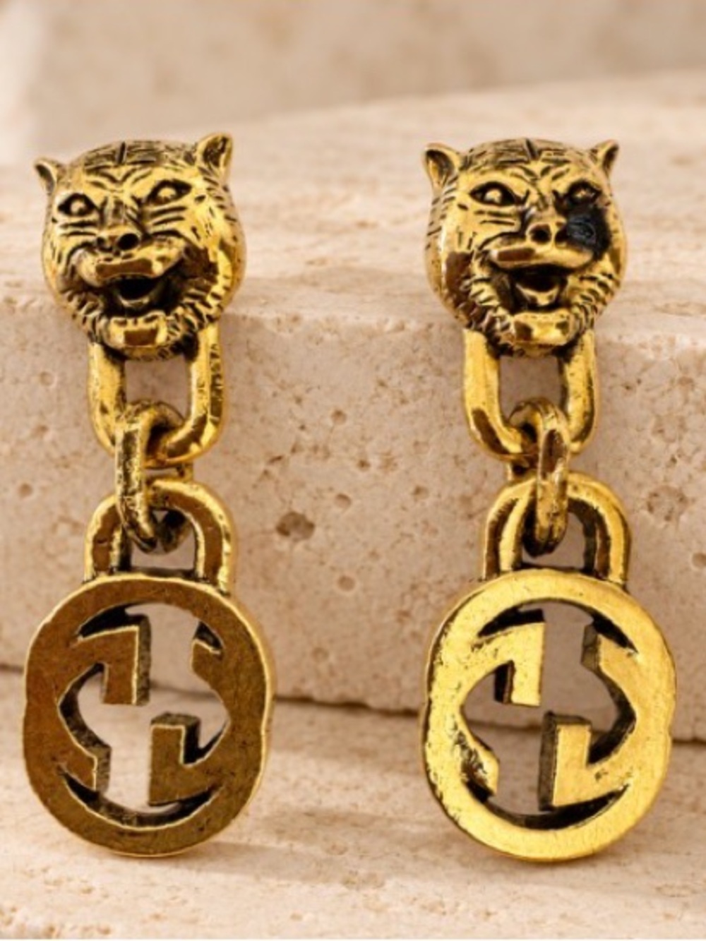 Designer Inspired Gold Tiger Head Drop Earrings